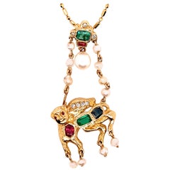 Pendentif rétro en or couleur camel avec diamant naturel de 1,75 carat, rubis, émeraude et saphir, 1960