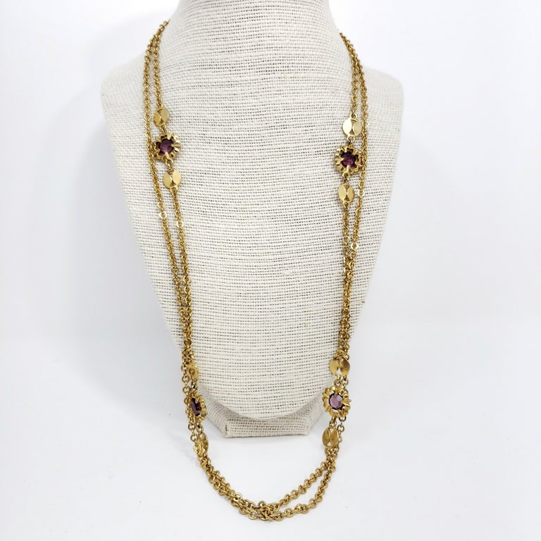 Retro Gold Chain Long Rope Necklace with Amethyst Crystals, Victorian