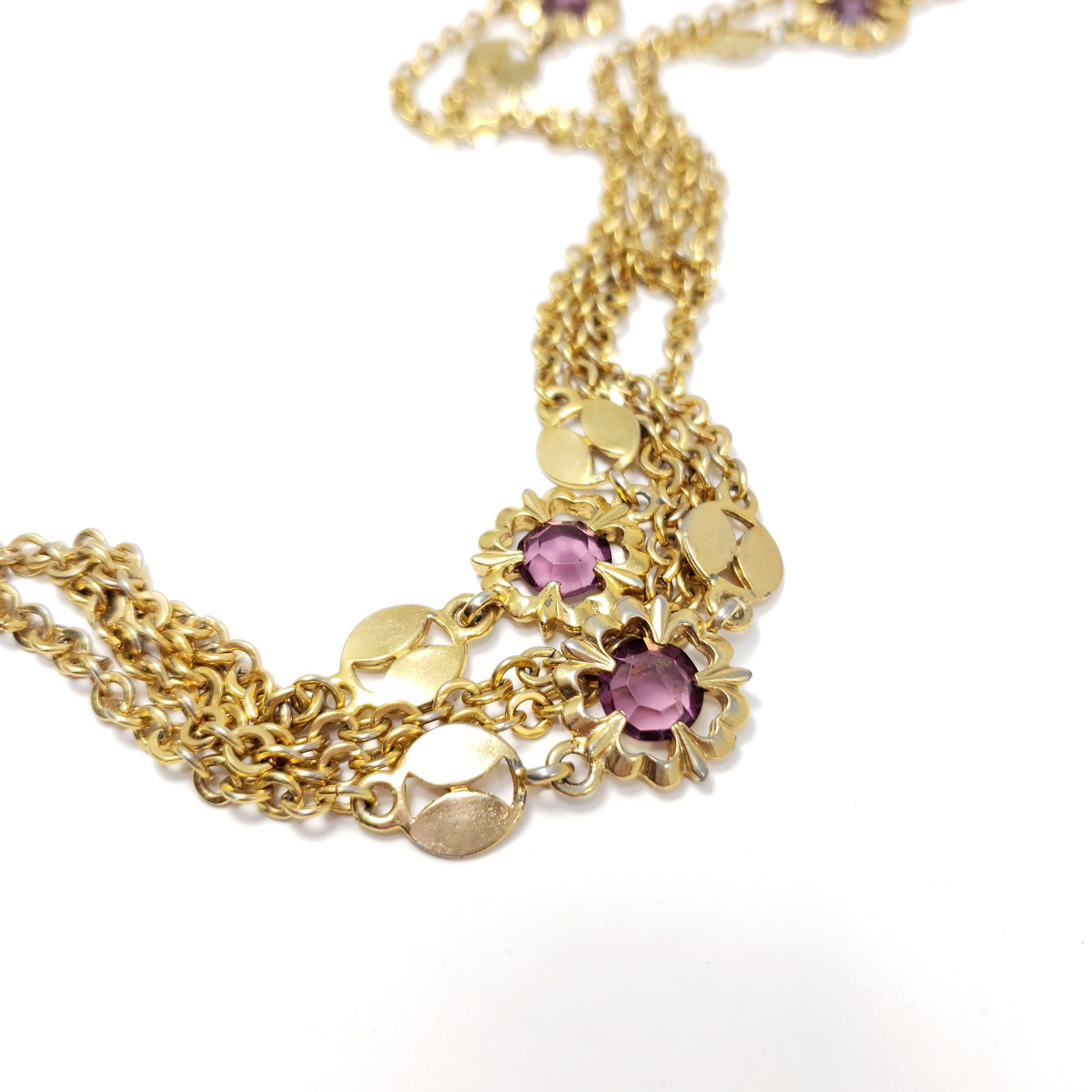 Victorien Chaîne longue collier rétro en or avec chaîne et cristaux d'améthyste, style victorien en vente