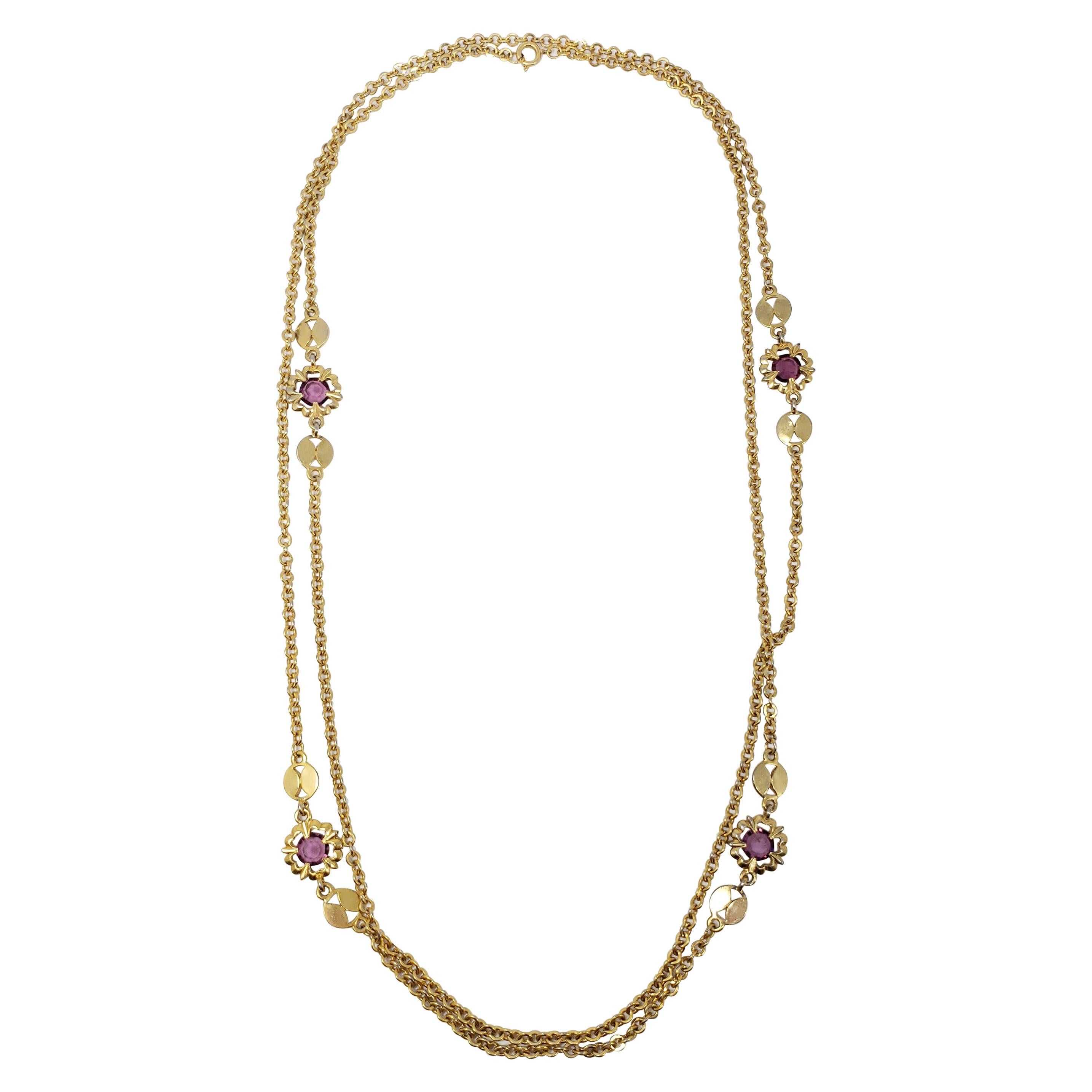 Retro Gold Chain Long Rope Necklace with Amethyst Crystals, Victorian-Style