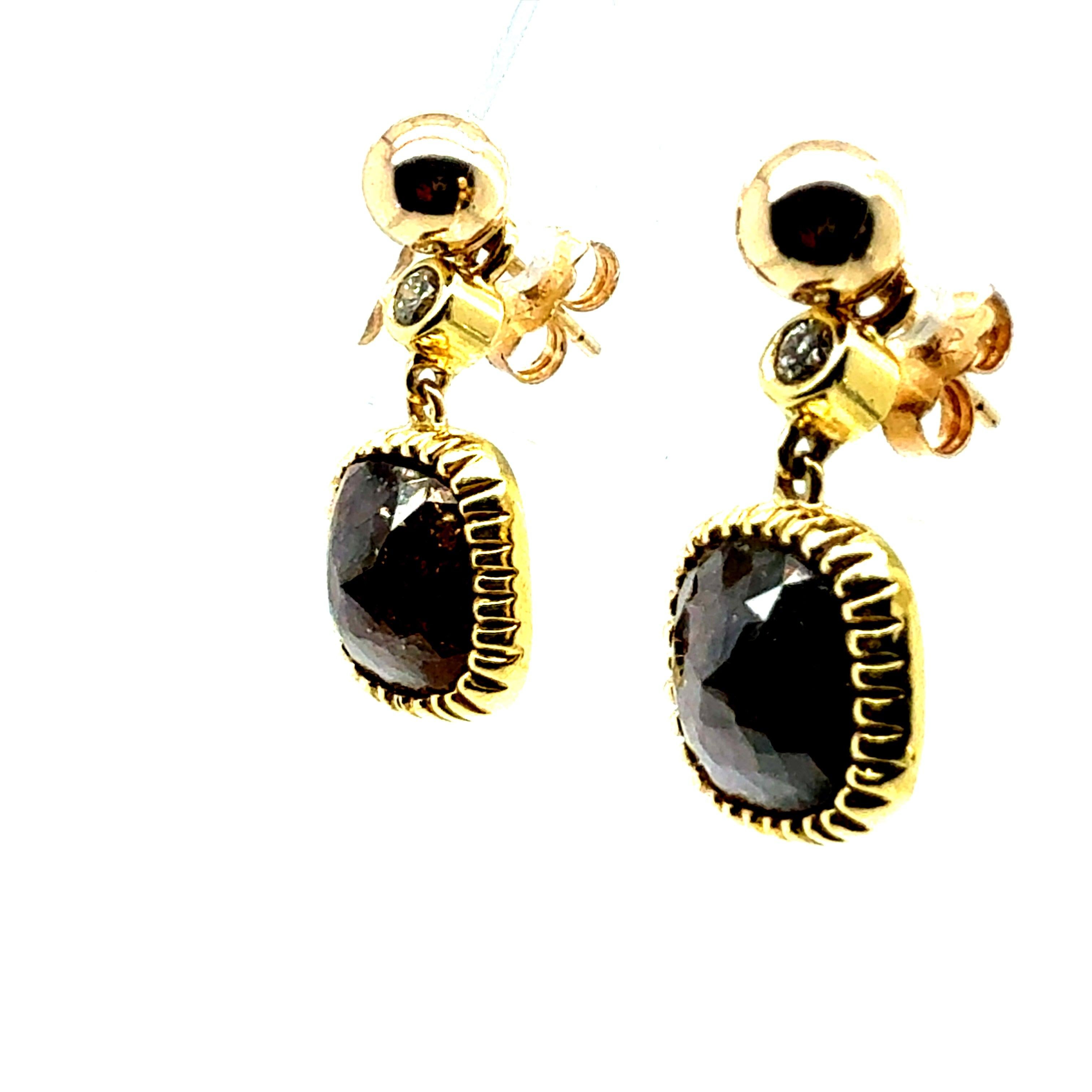 Round Cut Retro Gold Champagne Brown Rose Cut Natural Diamond Drop Earrings Circa 1980 For Sale