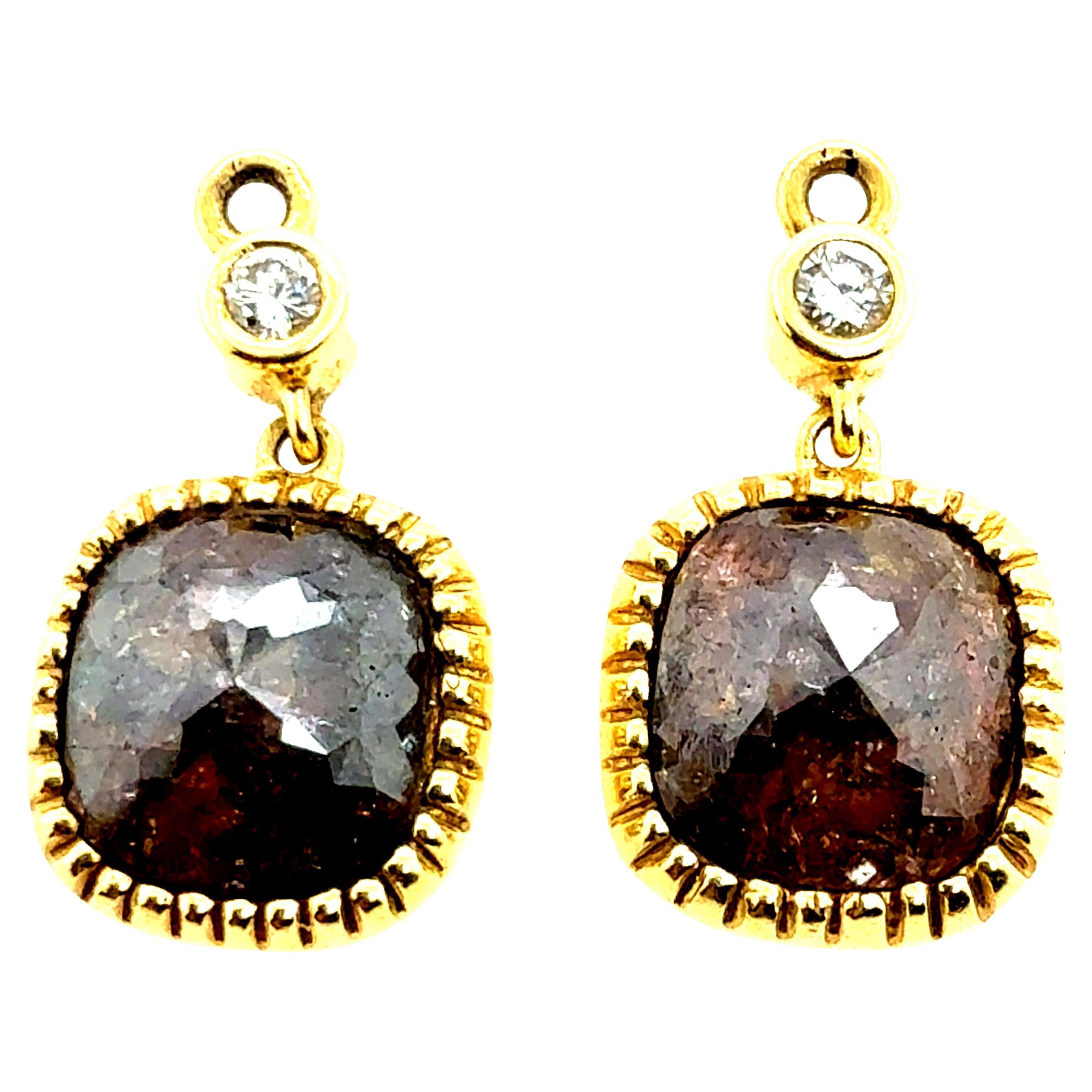 Retro Gold Champagne Brown Rose Cut Natural Diamond Drop Earrings Circa 1980 For Sale