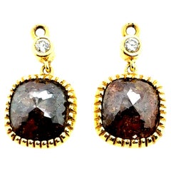 Retro Gold Champagne Brown Rose Cut Natural Diamond Drop Earrings Circa 1980