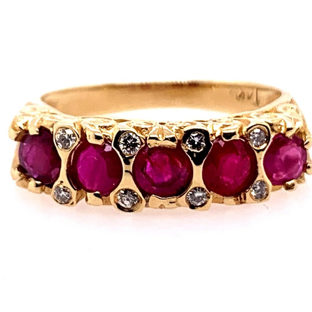 Round Cut Retro Gold Cocktail Ring 1.10 Carat Round Natural Ruby & Diamond Gem circa 1960 For Sale