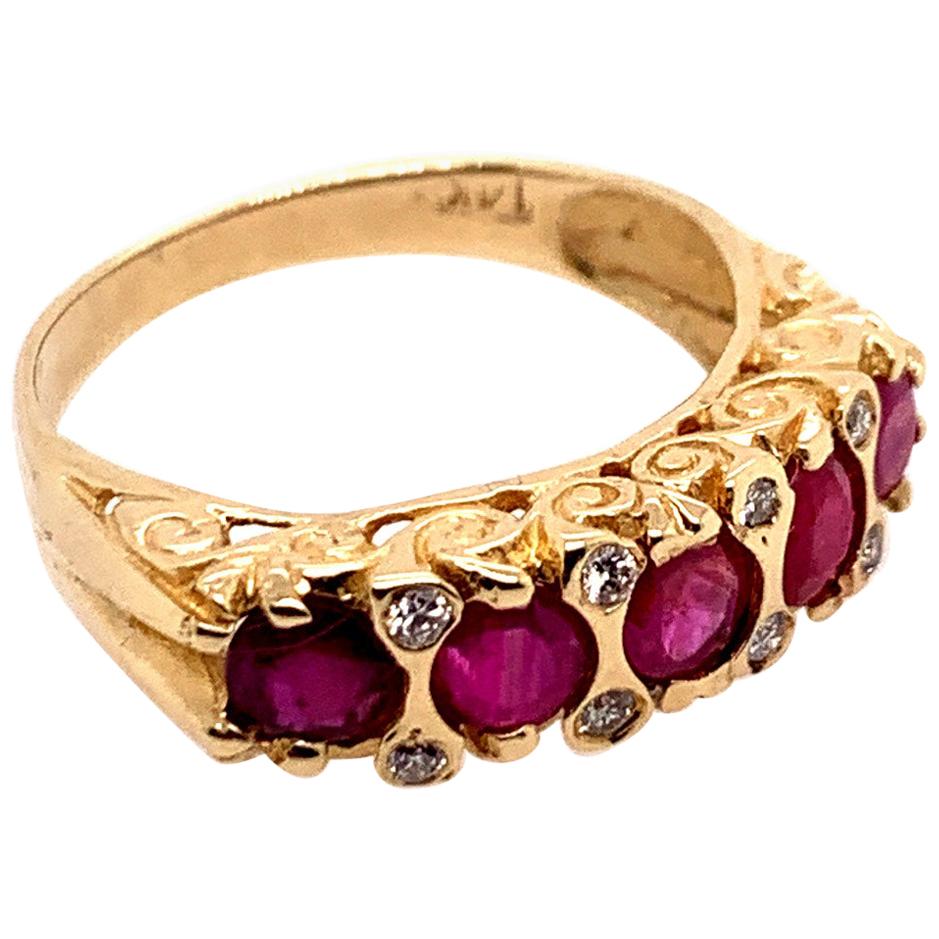 Retro Gold Cocktail Ring 1.10 Carat Round Natural Ruby & Diamond Gem circa 1960 For Sale