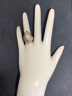 Retro Gold Cocktail Ring 1.38 Carat Natural Colorless Diamond and Pearl 1950