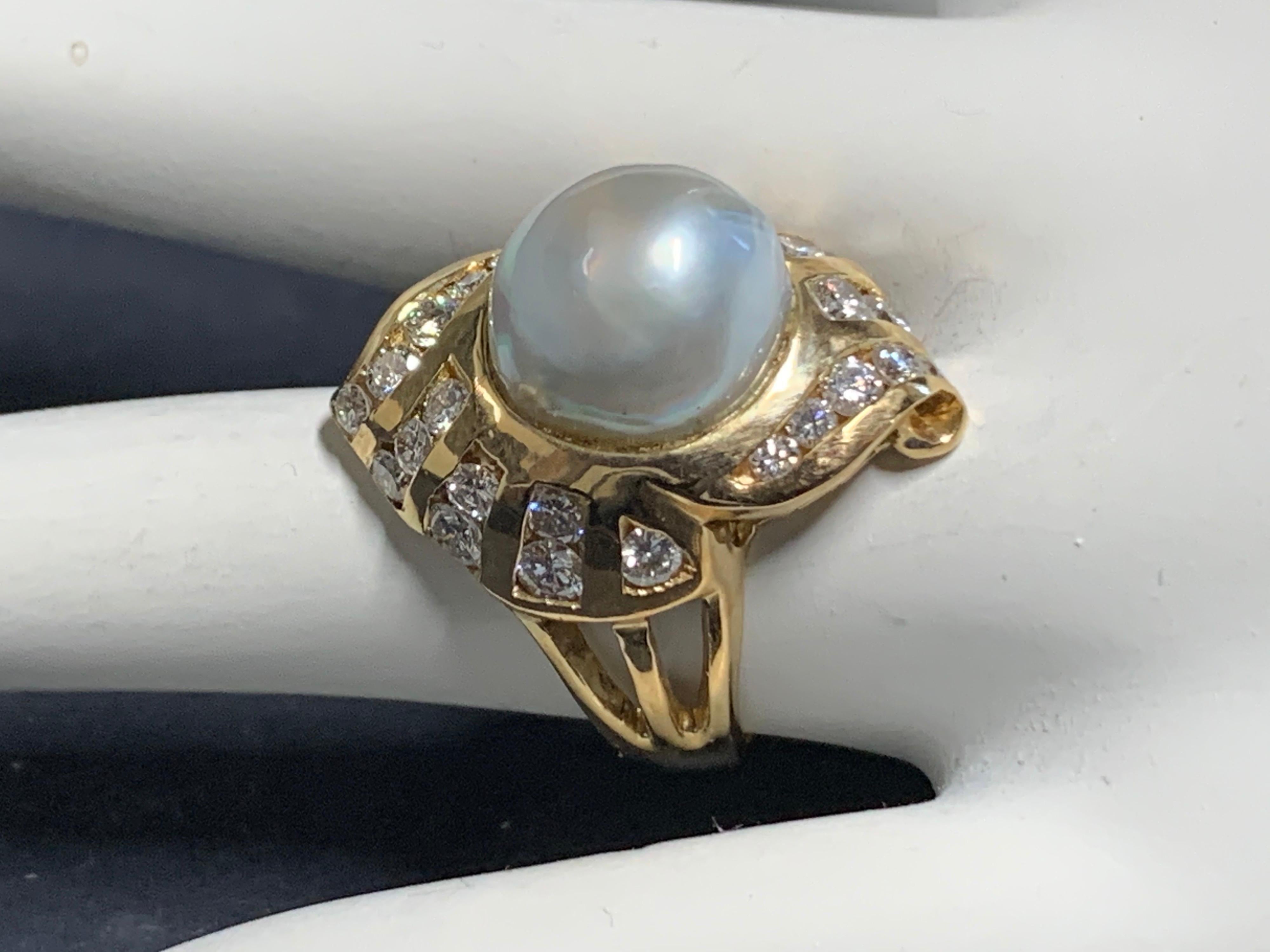 Retro Gold Cocktail Ring 1.38 Carat Natural Colorless Diamond and Pearl 1950 In Good Condition For Sale In Los Angeles, CA