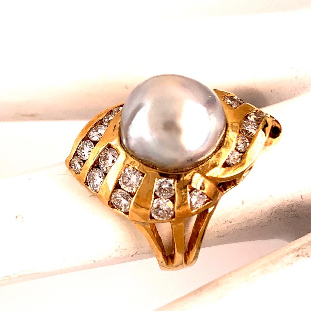 Retro Gold Cocktail Ring 1.38 Carat Natural Colorless Diamond and Pearl 1950 For Sale 1