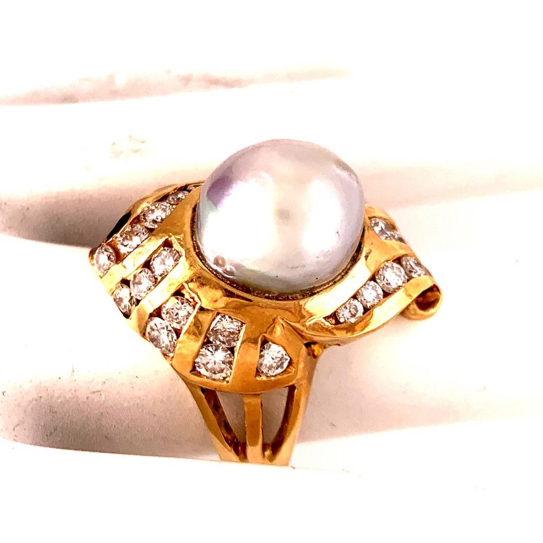 Retro Gold Cocktail Ring 1.38 Carat Natural Colorless Diamond and Pearl 1950 For Sale 3