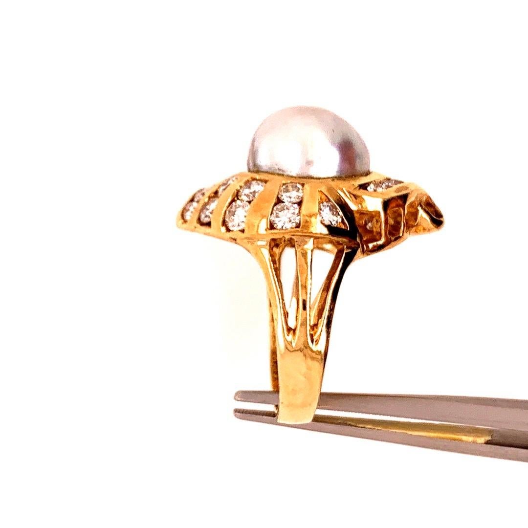 Retro Gold Cocktail Ring 1.38 Carat Natural Colorless Diamond and Pearl 1950 For Sale 4