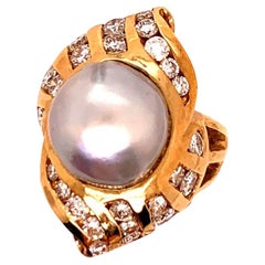 Retro Gold Cocktail-Ring 1,38 Karat natürlicher farbloser Diamant und Perle 1950