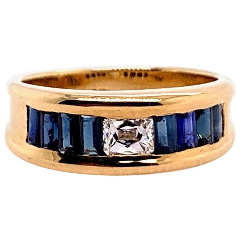 Retro Gold Cocktail Ring 1.4 Carat Natural Radiant Diamond and Sapphire Gem 1950 For Sale