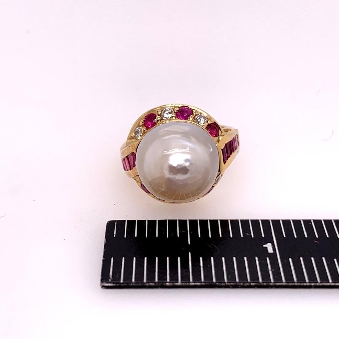 Retro Gold Cocktail Ring 1.4 Carat Natural Ruby, Diamond and Pearl, circa 1950 For Sale 4