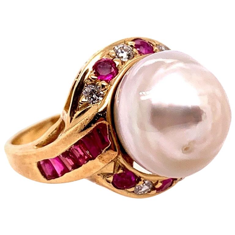 Retro Gold Cocktail Ring 1.4 Carat Natural Ruby, Diamond and Pearl, circa 1950 For Sale