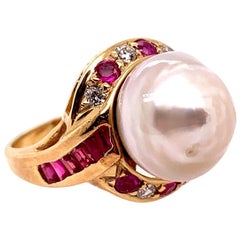 Vintage Gold Cocktail Ring 1.4 Carat Natural Ruby, Diamond and Pearl, circa 1950