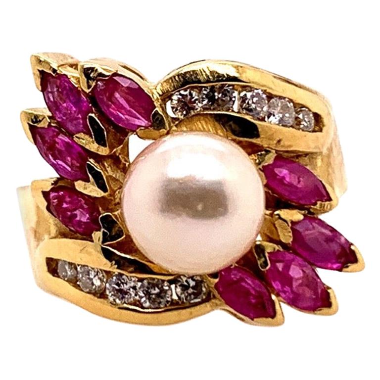 Retro Gold Cocktail Ring 1.50 Carat Natural Ruby, Diamond and Pearl, circa 1960 For Sale