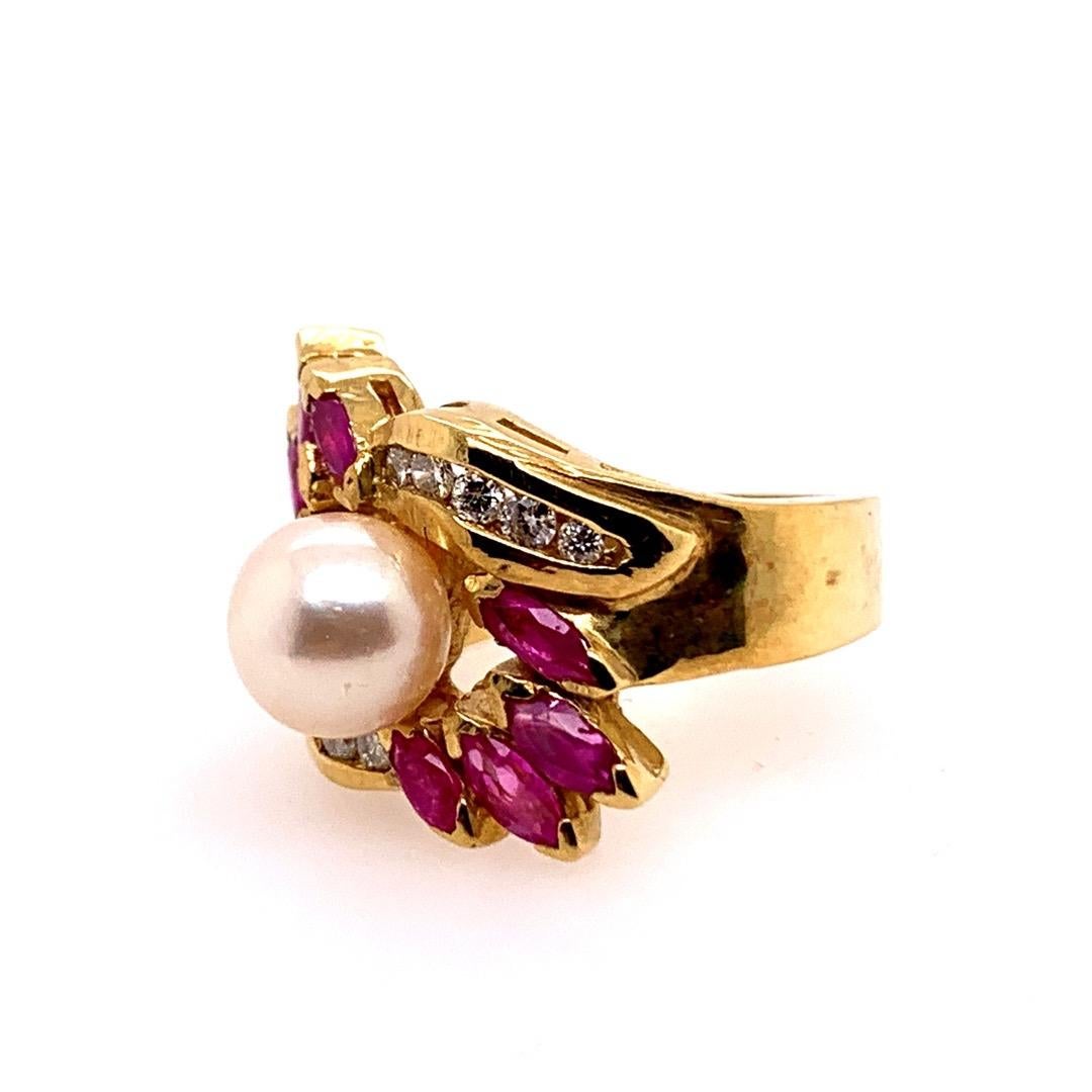 Retro Gold Cocktail Ring 1.50 Carat Natural Ruby, Diamond and Pearl, circa 1960 For Sale 1