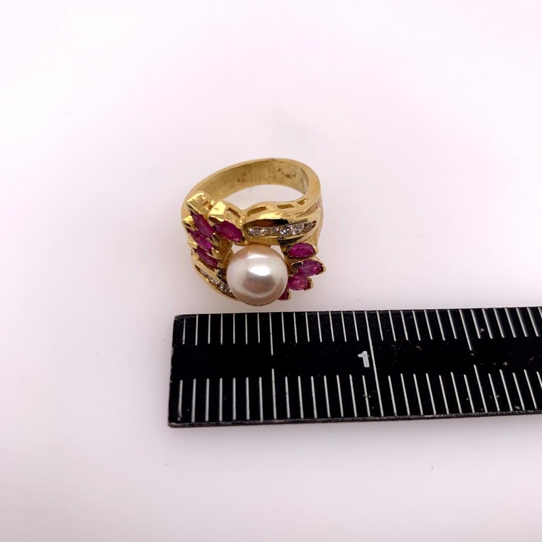 Retro Gold Cocktail Ring 1.50 Carat Natural Ruby, Diamond and Pearl, circa 1960 For Sale 3