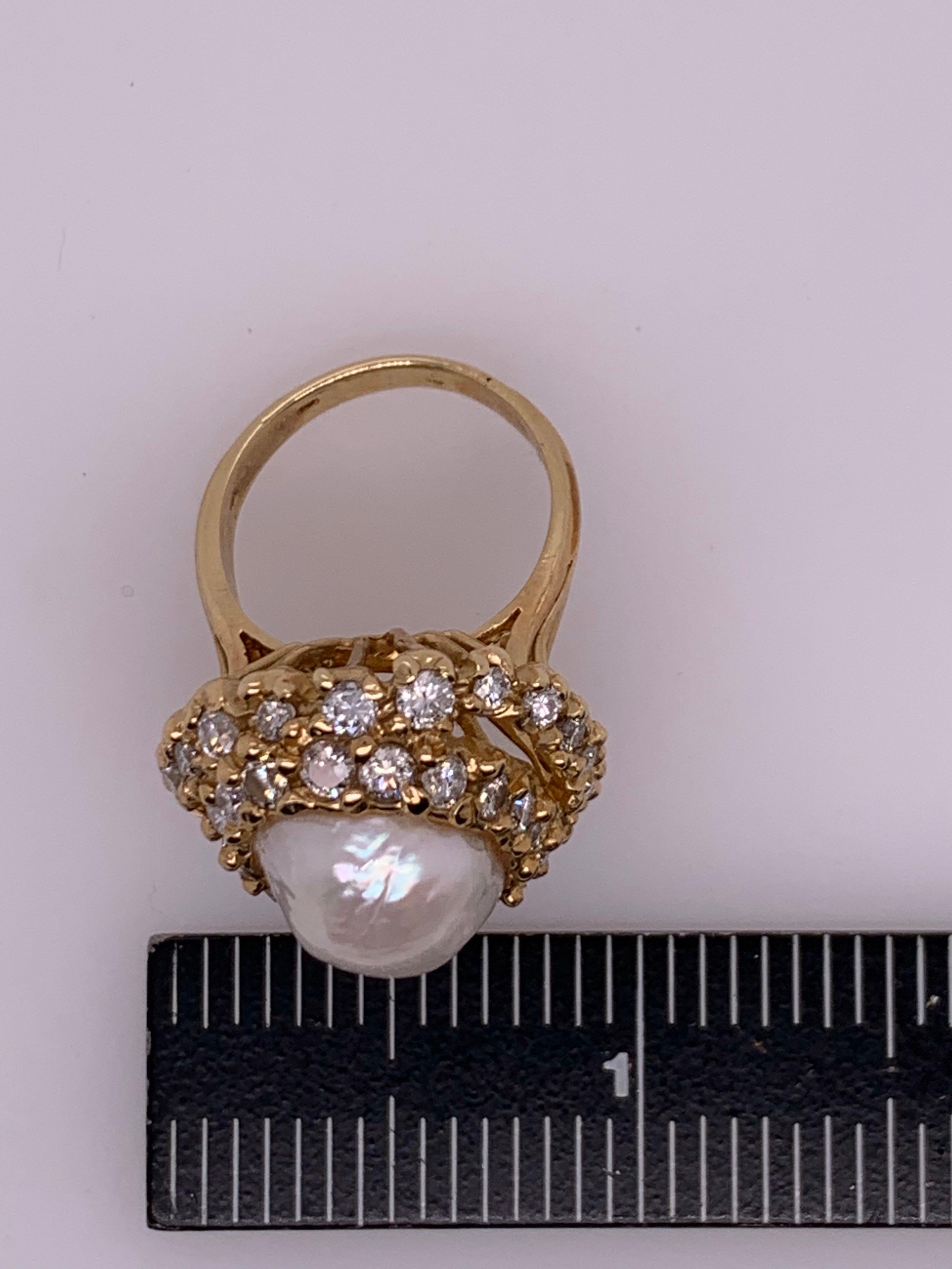 Retro Gold Cocktail Ring 1.8 Carat Natural Colorless Diamond & Pearl, circa 1950 For Sale 6