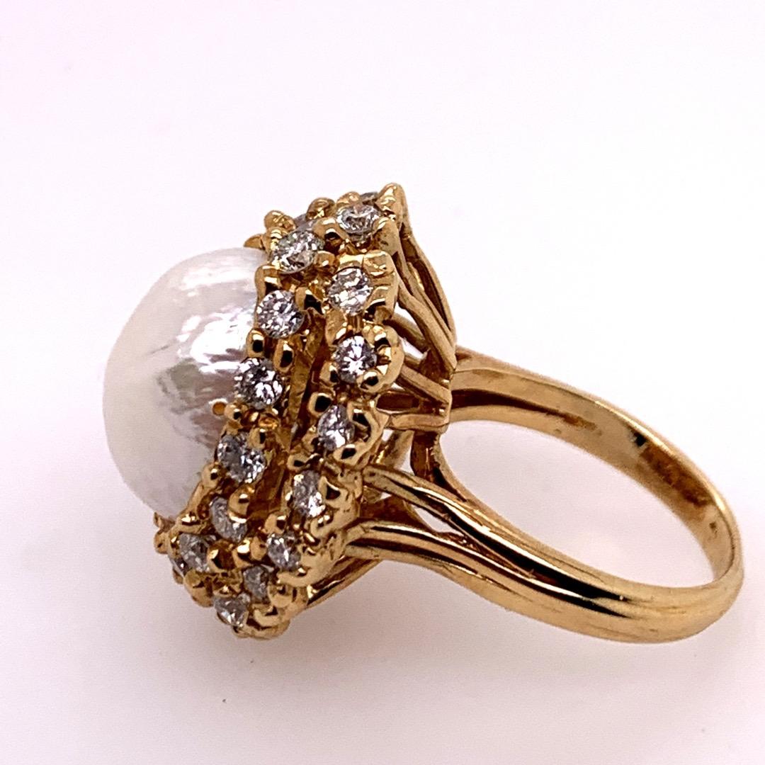 Women's Retro Gold Cocktail Ring 1.8 Carat Natural Colorless Diamond & Pearl, circa 1950 For Sale