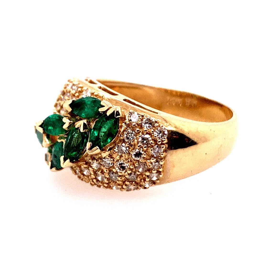 Marquise Cut Retro Gold Cocktail Ring 1.8 Carat Natural Marquise Emerald & Diamond circa 1960 For Sale