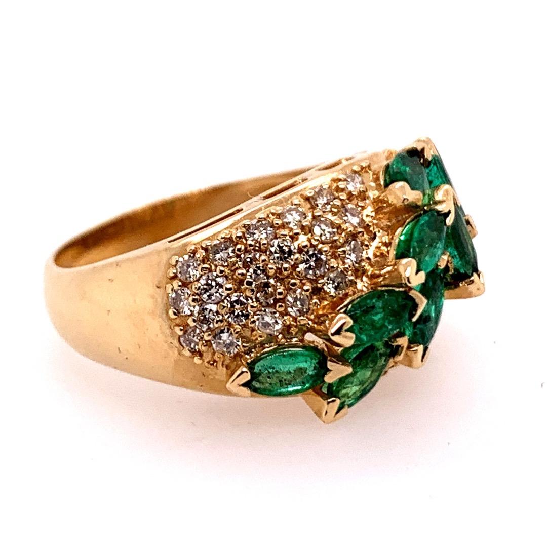 Women's Retro Gold Cocktail Ring 1.8 Carat Natural Marquise Emerald & Diamond circa 1960 For Sale