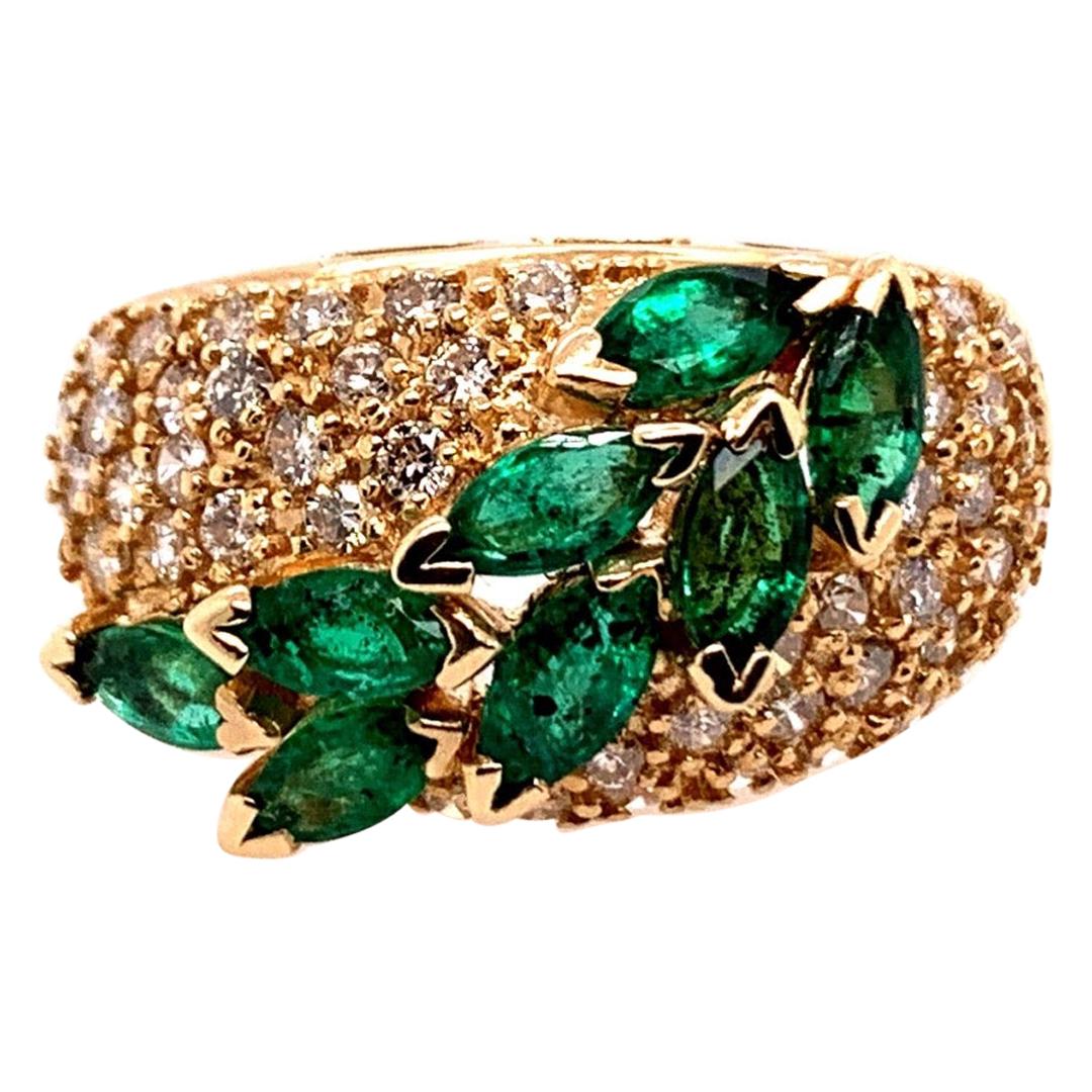 Retro Gold Cocktail Ring 1.8 Carat Natural Marquise Emerald & Diamond circa 1960 For Sale