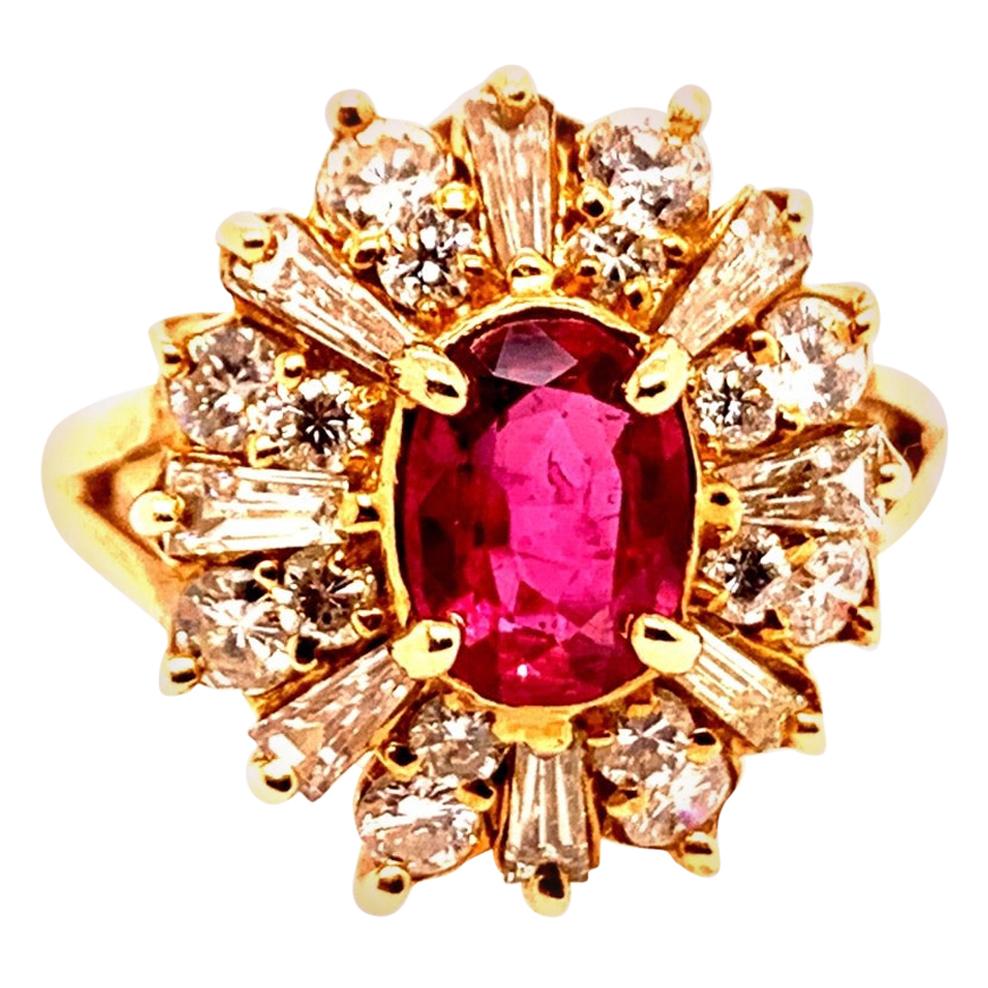 Retro Gold Cocktail Ring 1.85 Carat Natural Oval Gem Ruby and Diamond circa 1960