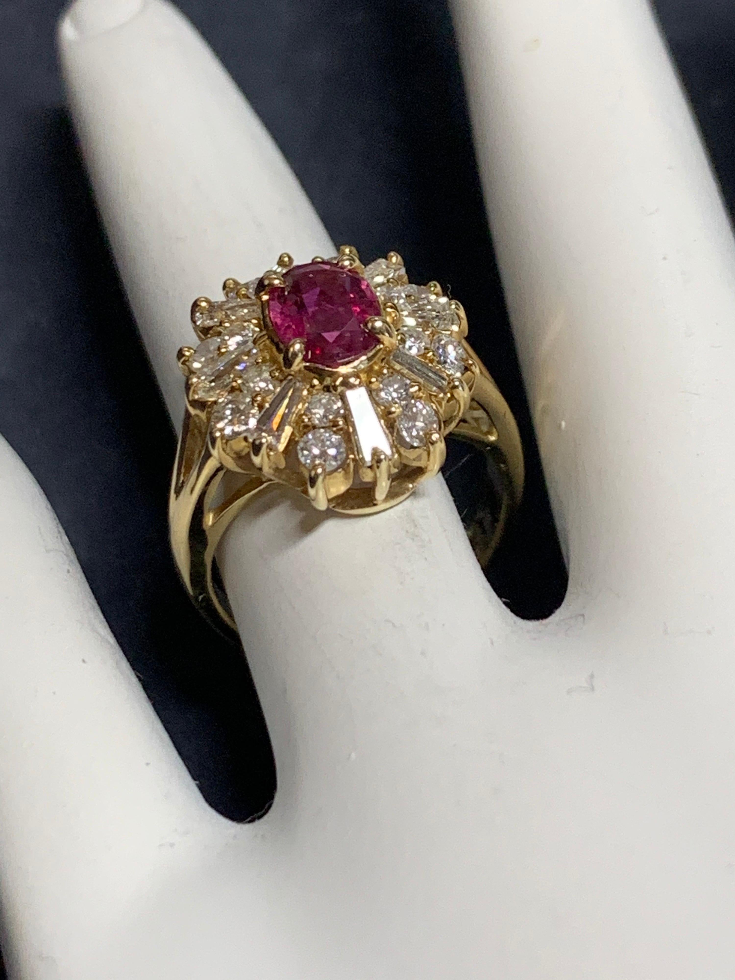 Oval Cut Retro Gold Cocktail Ring 1.85 Carat Natural Oval Gem Ruby and Diamond circa 1960 For Sale