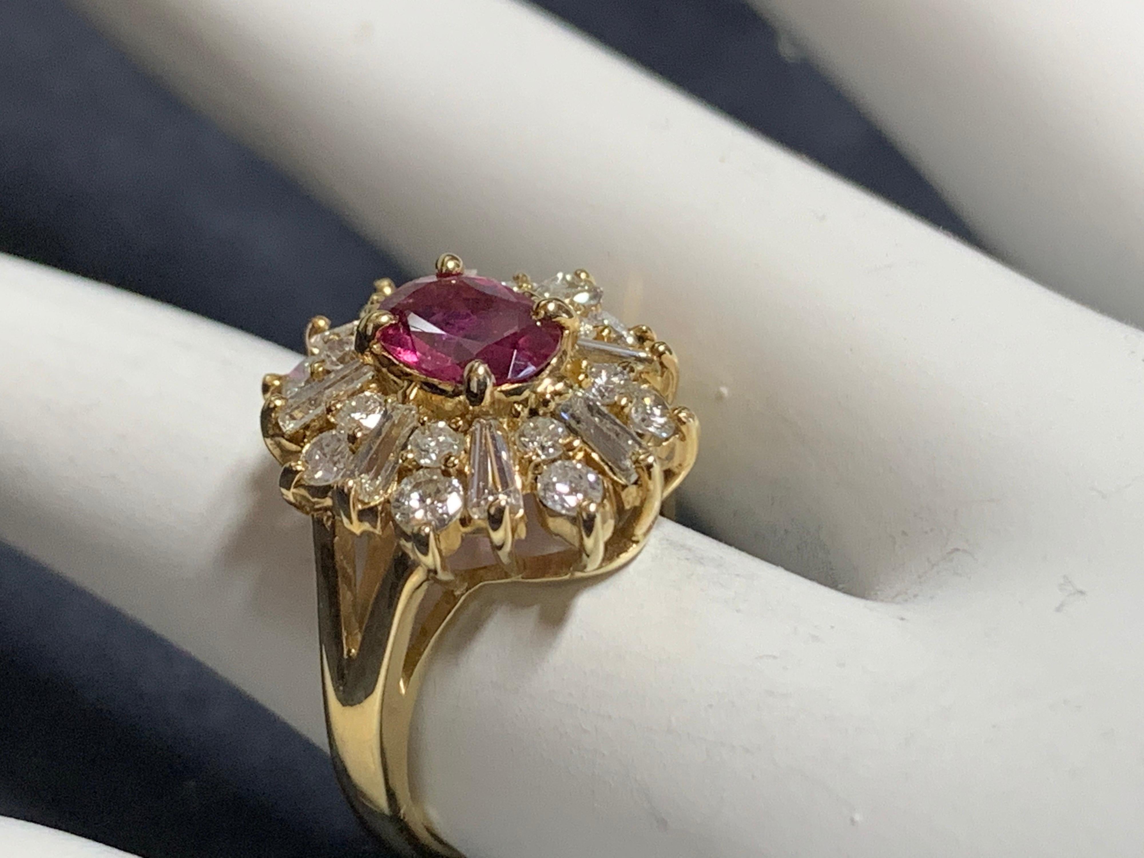 Retro Gold Cocktail Ring 1.85 Carat Natural Oval Gem Ruby and Diamond circa 1960 In Good Condition For Sale In Los Angeles, CA