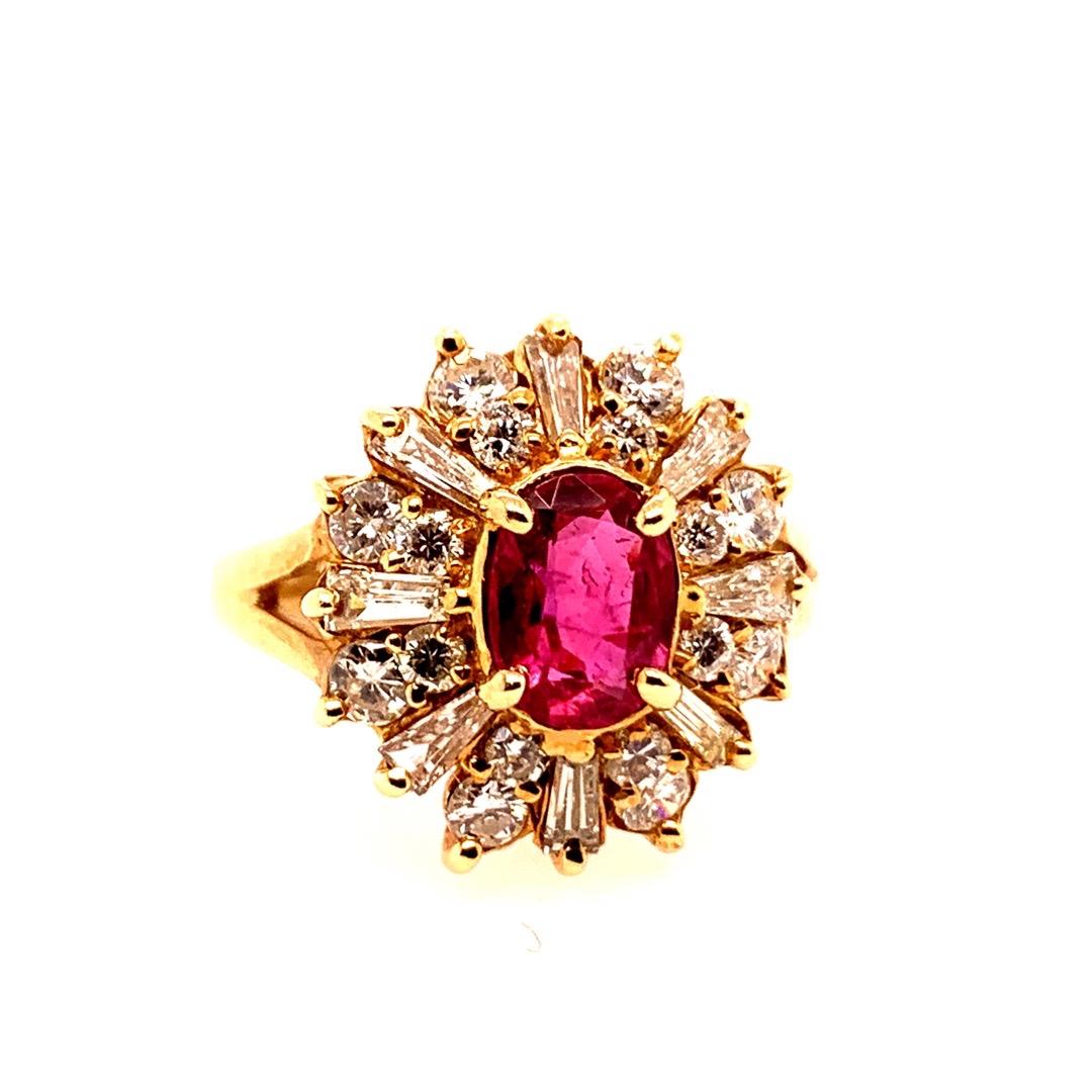 Retro Gold Cocktail Ring 1.85 Carat Natural Oval Gem Ruby and Diamond circa 1960 For Sale 1