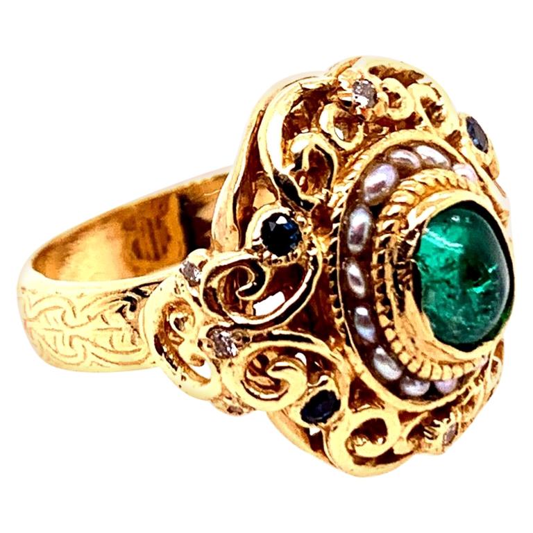 Retro Gold Cocktail Ring 2 Karat Natürlicher Smaragd Cab Saphir Diamant um 1950