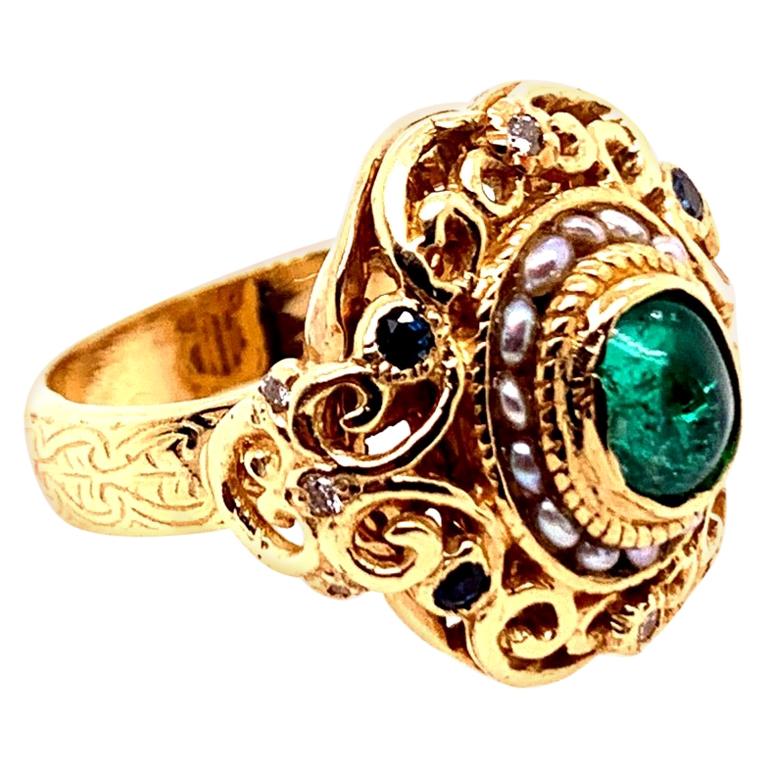 Retro Gold Cocktail Ring 2 Carat Natural Emerald Cab Sapphire Diamond circa 1950