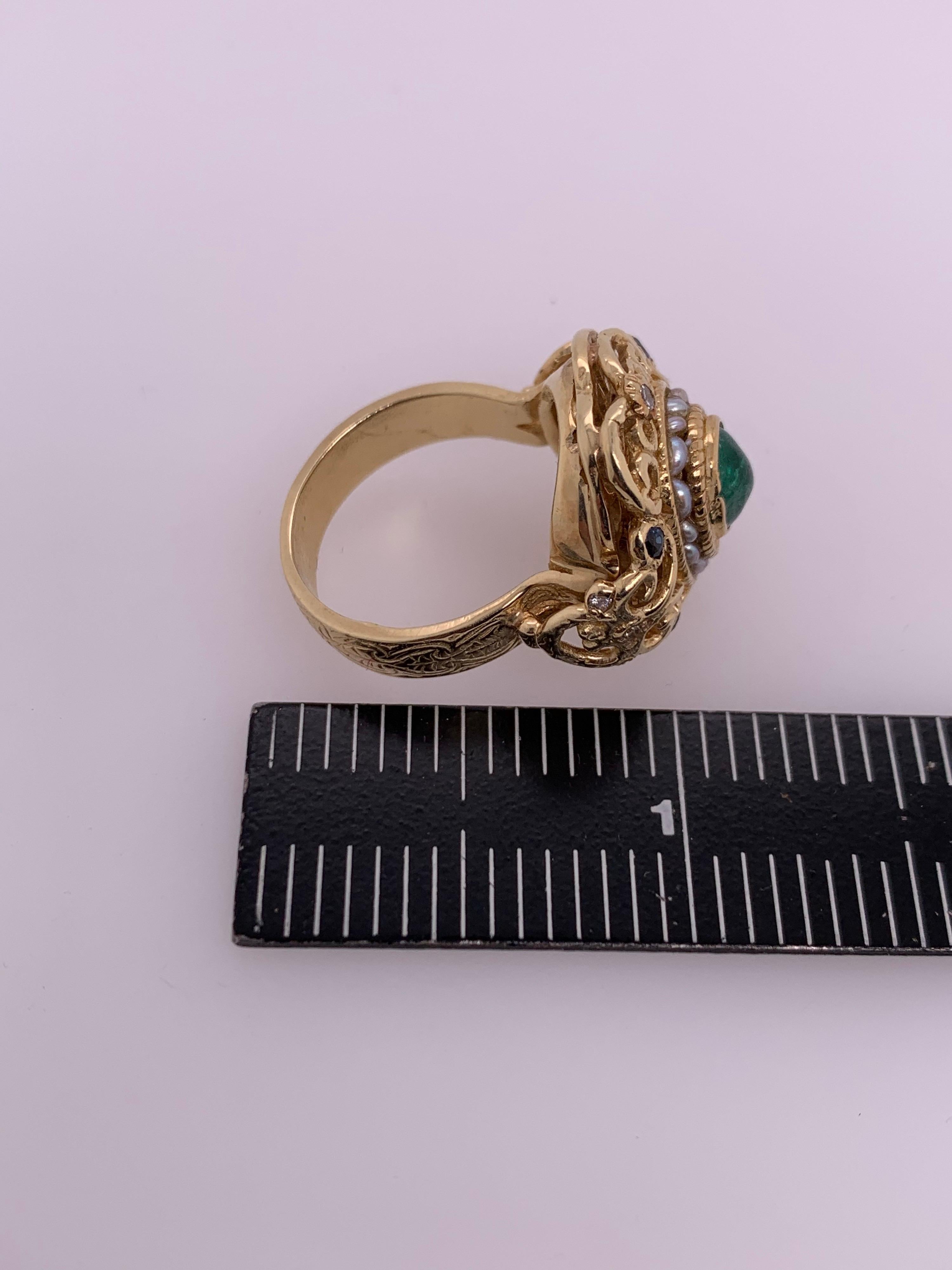 Retro Gold Cocktail Ring 2 Karat Natürlicher Smaragd Cab Saphir Diamant um 1950 im Angebot 5