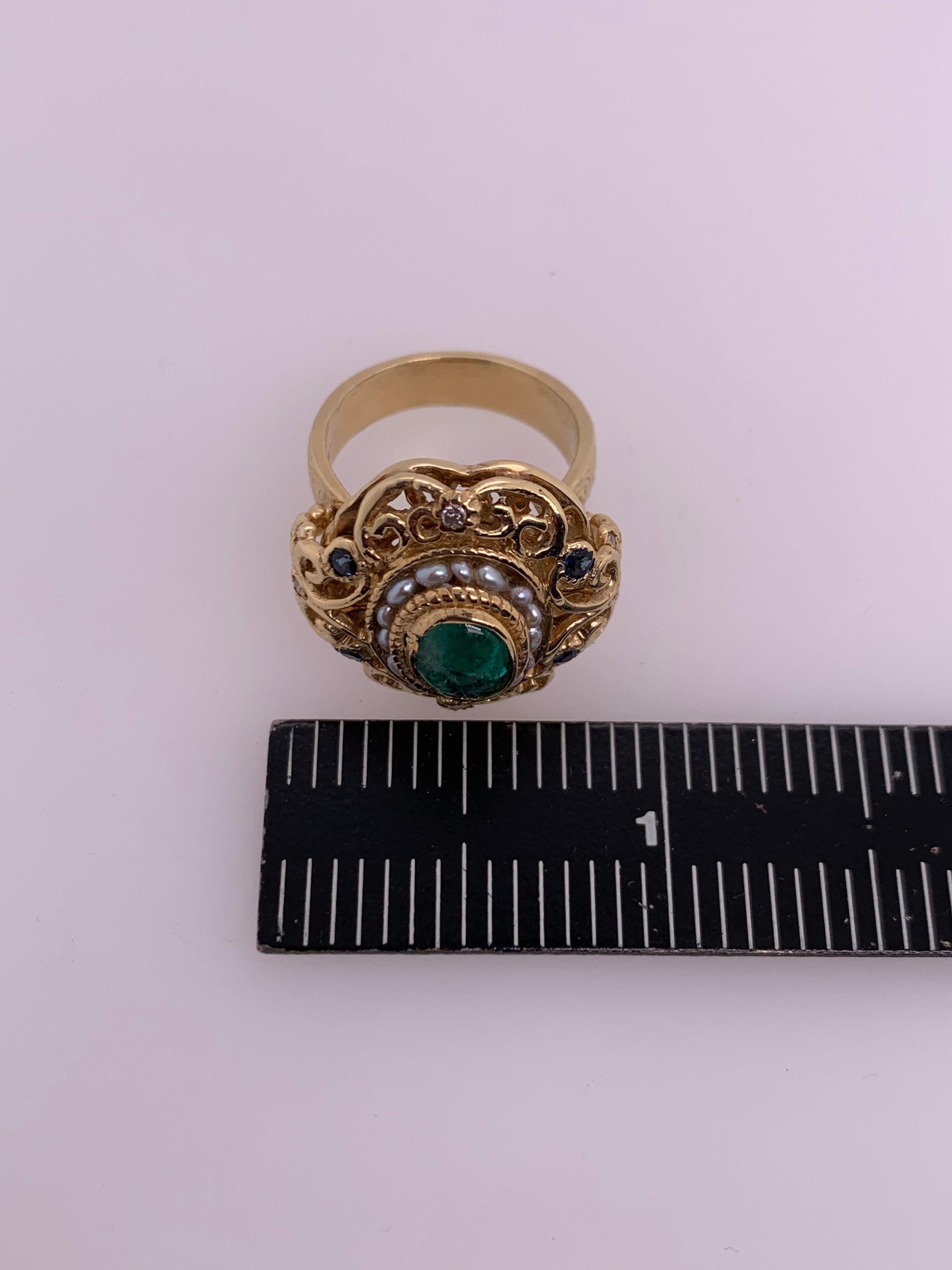 Retro Gold Cocktail Ring 2 Karat Natürlicher Smaragd Cab Saphir Diamant um 1950 im Angebot 6