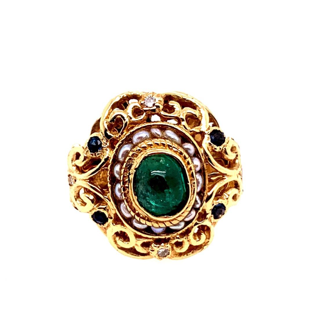 Retro Gold Cocktail Ring 2 Karat Natürlicher Smaragd Cab Saphir Diamant um 1950 im Angebot 2