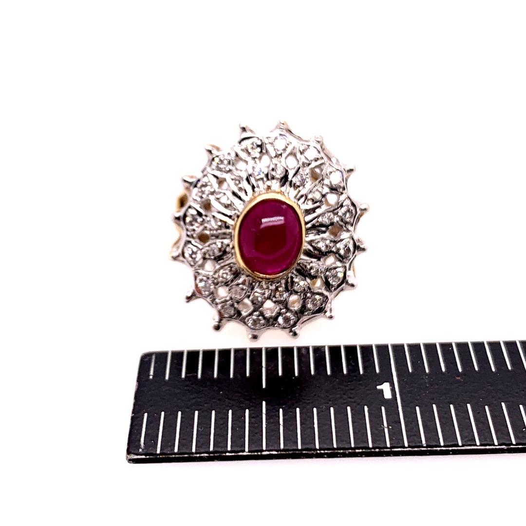 Retro Gold Cocktail Ring 2.40 Carat Natural Cabochon Ruby and Diamond circa 1960 For Sale 1