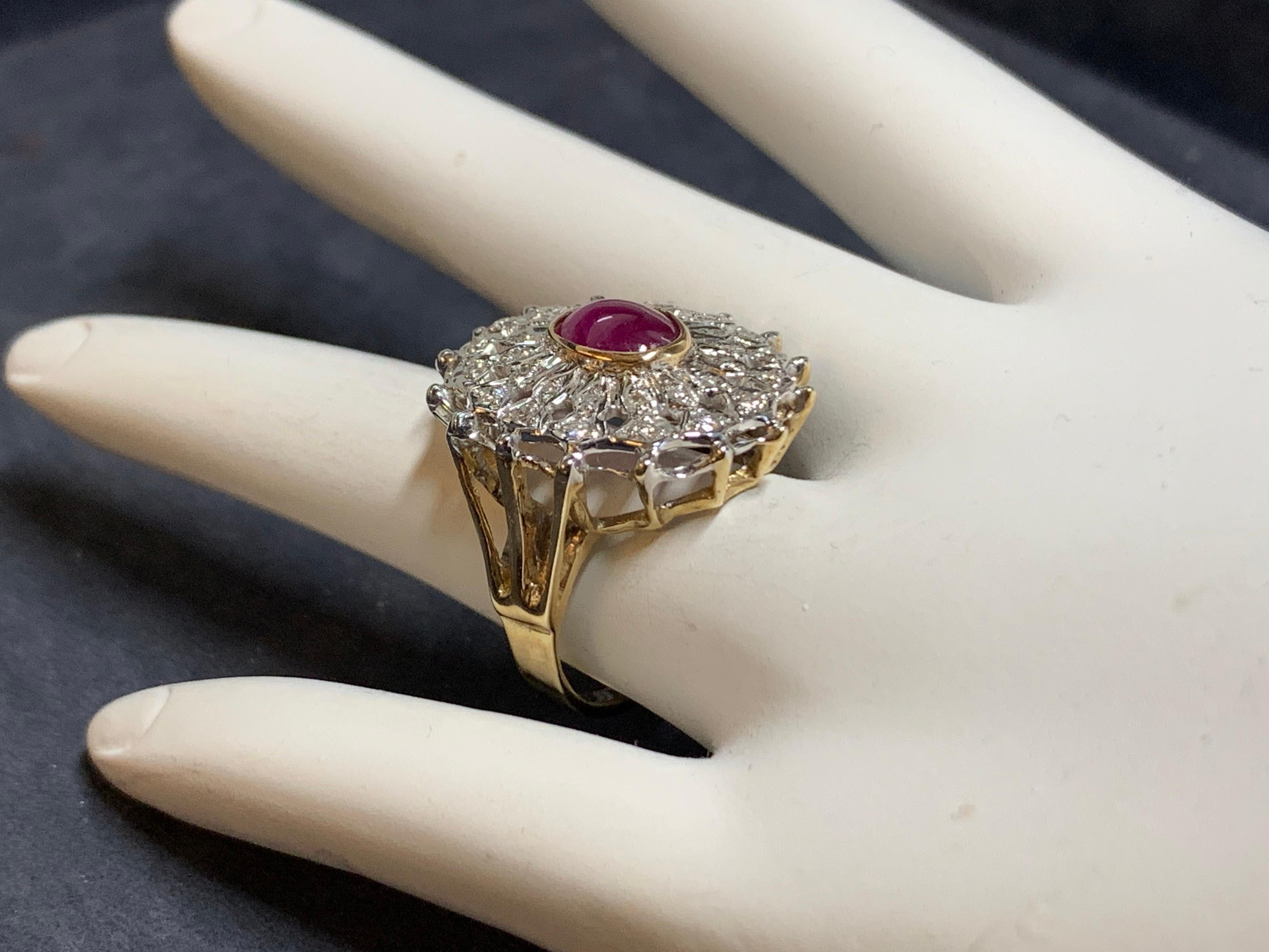 Retro Gold Cocktail Ring 2.40 Carat Natural Cabochon Ruby and Diamond circa 1960 For Sale 5