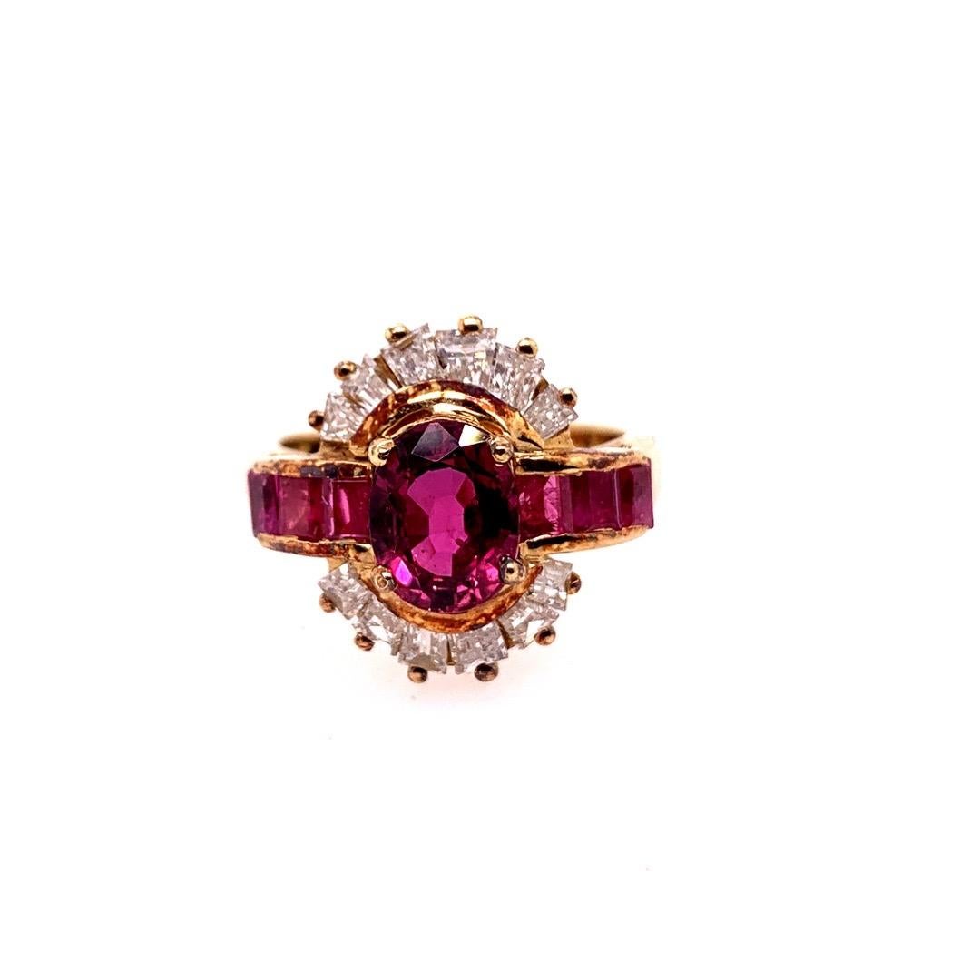 Retro Gold Cocktail Ring 3.25 Carat Natural Oval Gem Ruby and Diamond circa 1950 For Sale 2