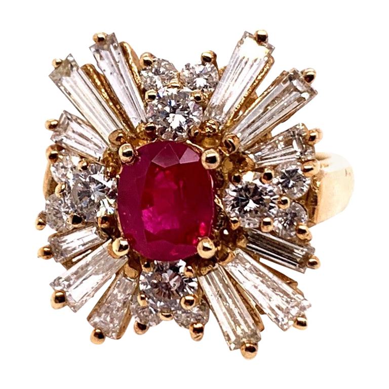 Retro Gold Cocktail Ring 4.5 Carat Natural Ruby and Baguette Diamond, circa 1960 For Sale