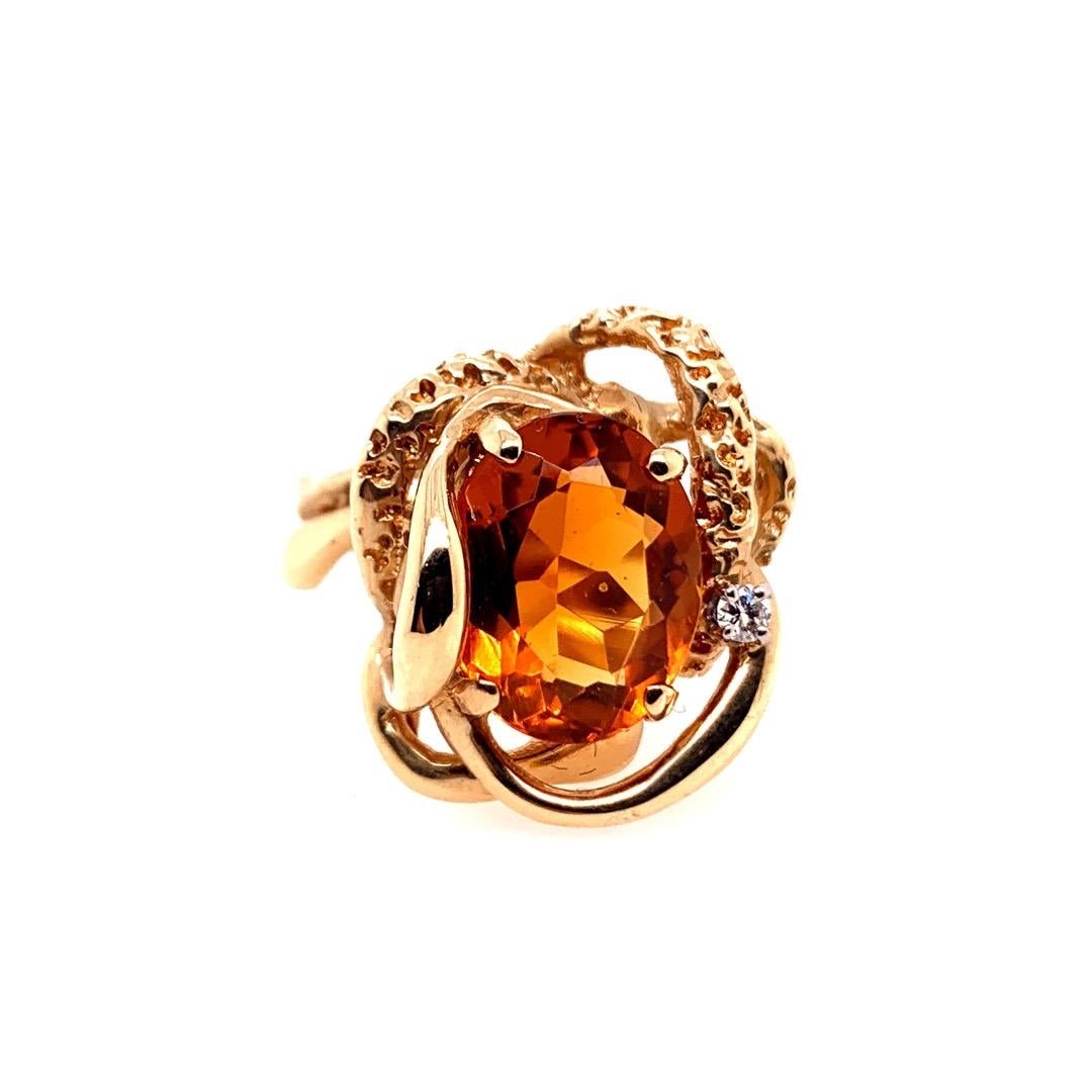 Oval Cut Retro Gold Cocktail Ring 5 Carat Natural Citrine Quartz and Diamond, circa 1960