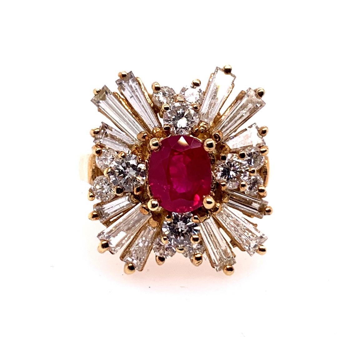 Retro 14k Yellow Gold Cocktail Ring, approximately 4.5 Carat Natural Ruby & Diamond.

The Ruby is approximately 1.35 carats (6.9x5.6x4.1mm) and the 24 natural diamonds are approximately 3.15 carats, ranging from approximately G-I color and VS-SI