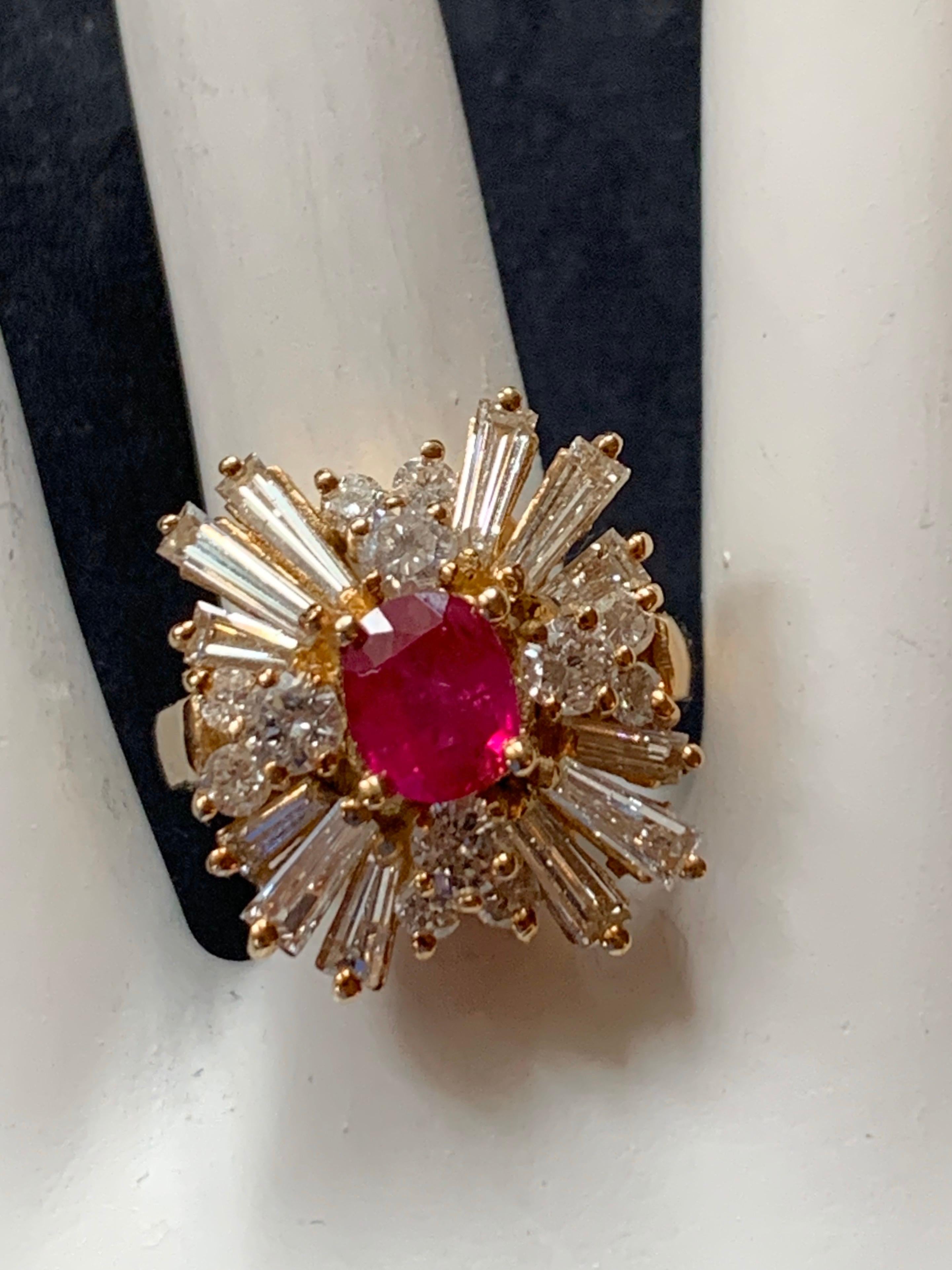 Baguette Cut Retro Gold Cocktail Ring 4.5 Carat Natural Ruby and Baguette Diamond, circa 1960 For Sale