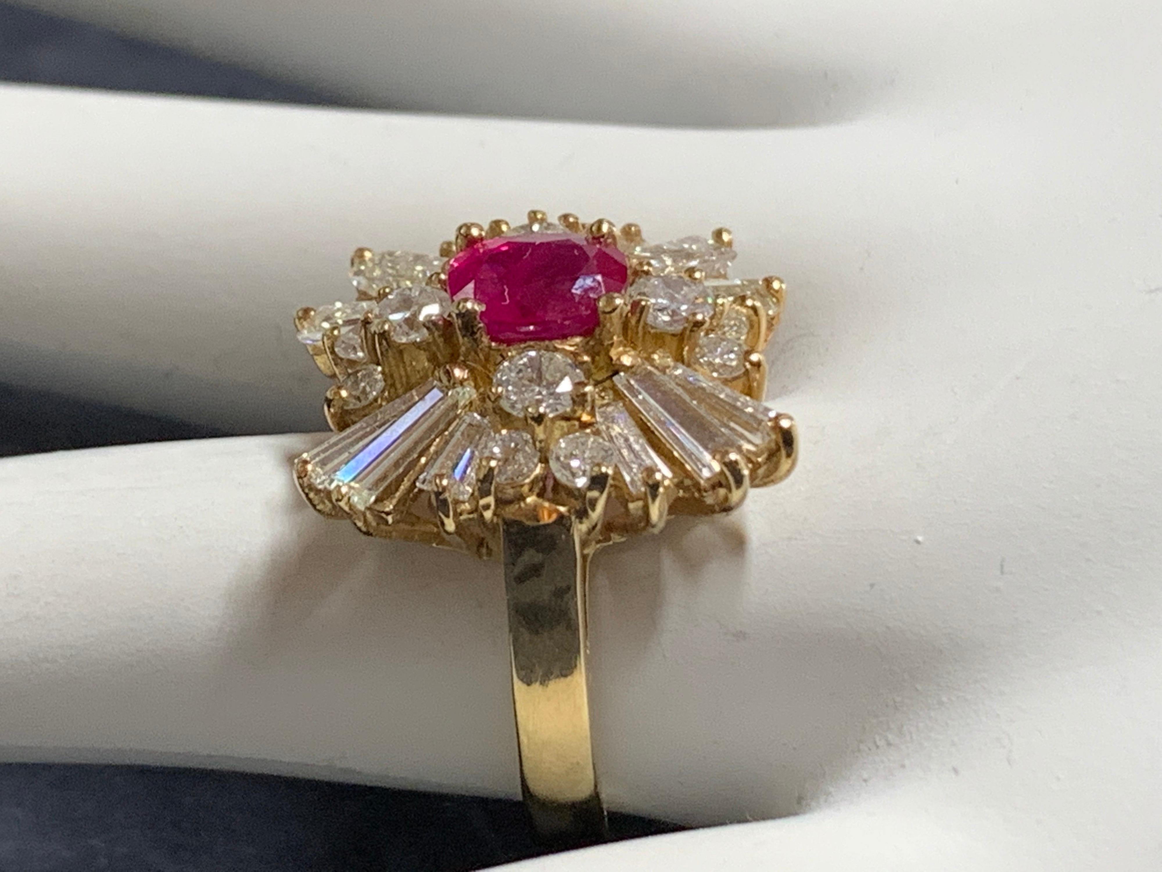 Retro Gold Cocktail Ring 4.5 Carat Natural Ruby and Baguette Diamond, circa 1960 In Good Condition For Sale In Los Angeles, CA