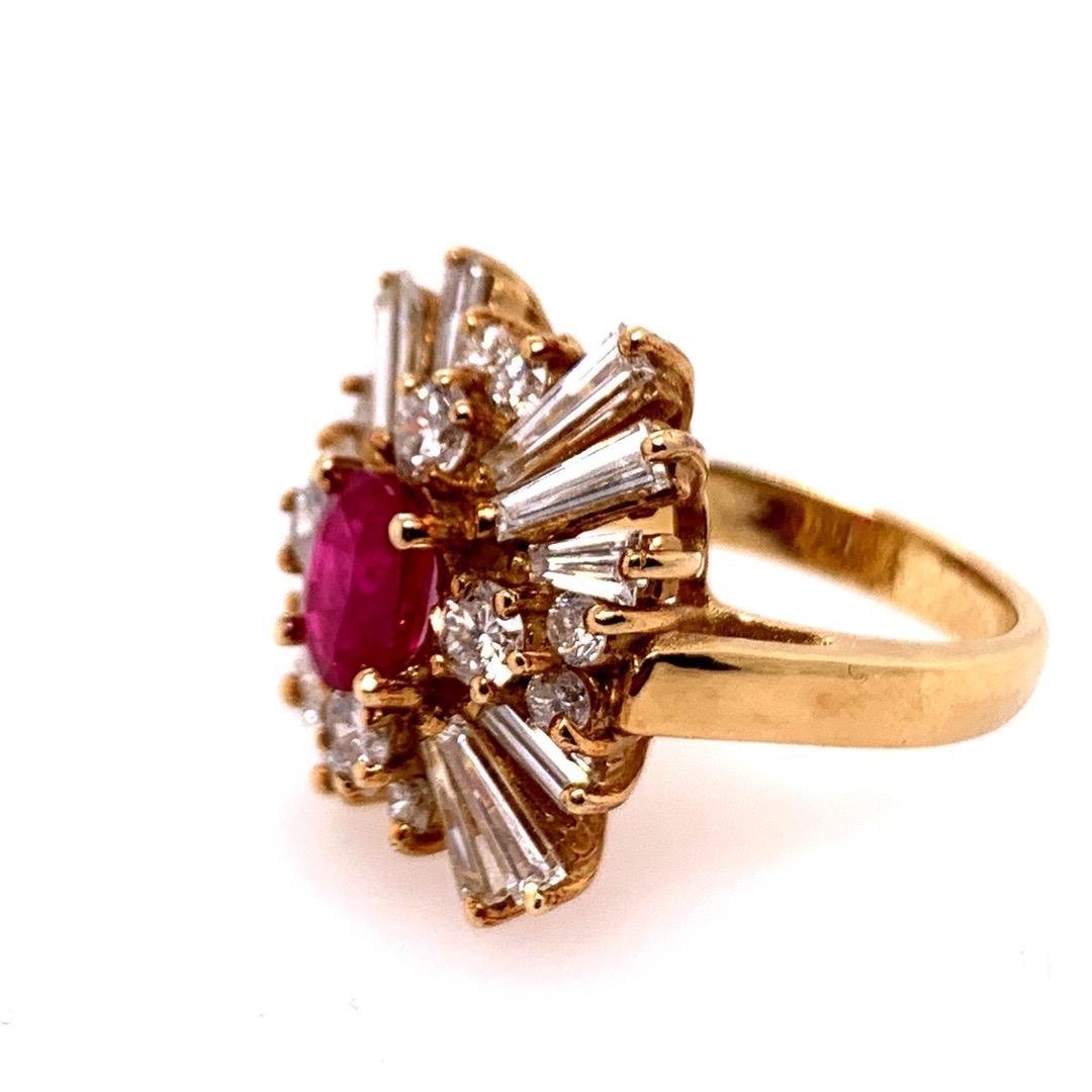 Women's Retro Gold Cocktail Ring 4.5 Carat Natural Ruby and Baguette Diamond, circa 1960 For Sale