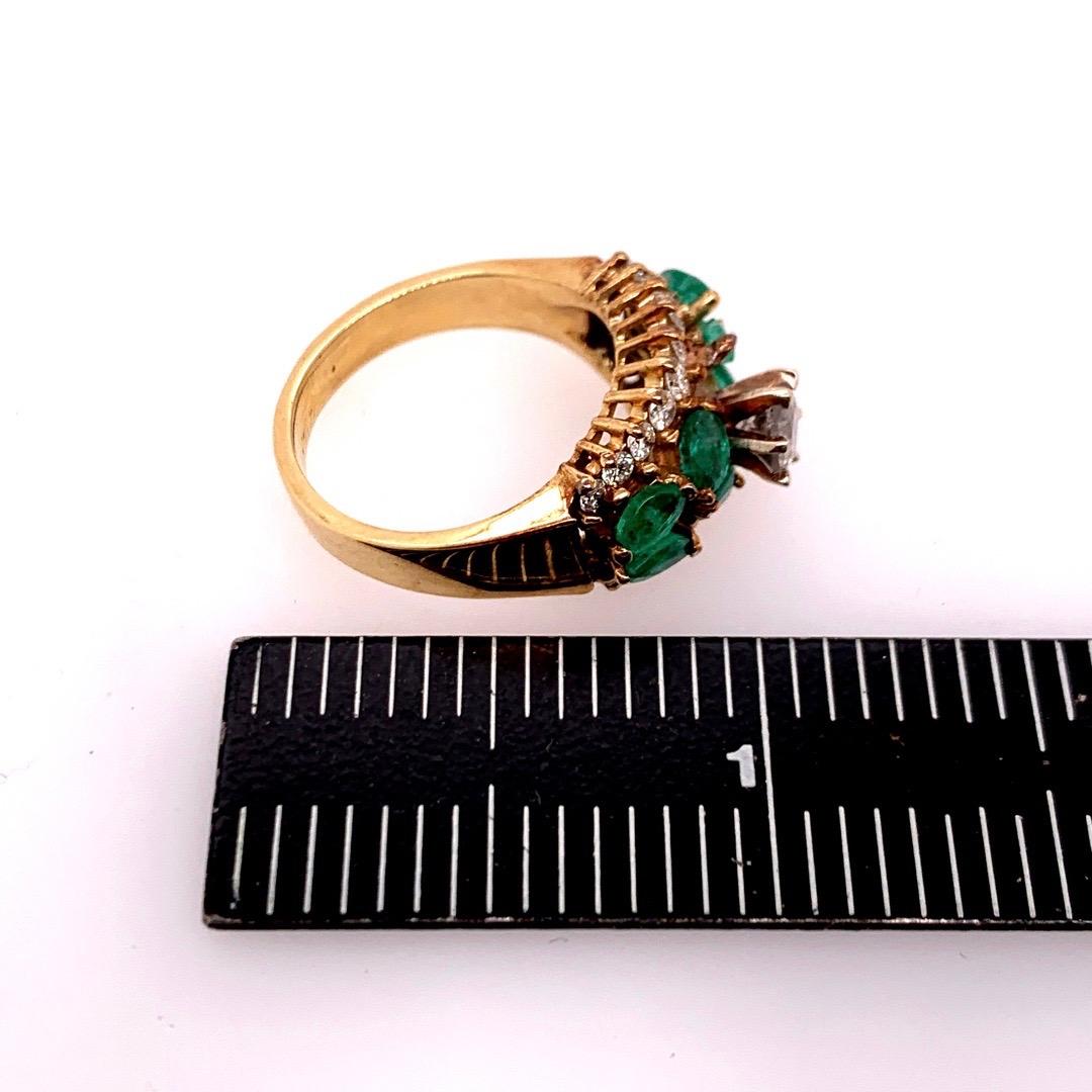 Retro Gold Cocktail Ring Natural 1.8 Carat Marquise Emerald & Diamond circa 1960 For Sale 4