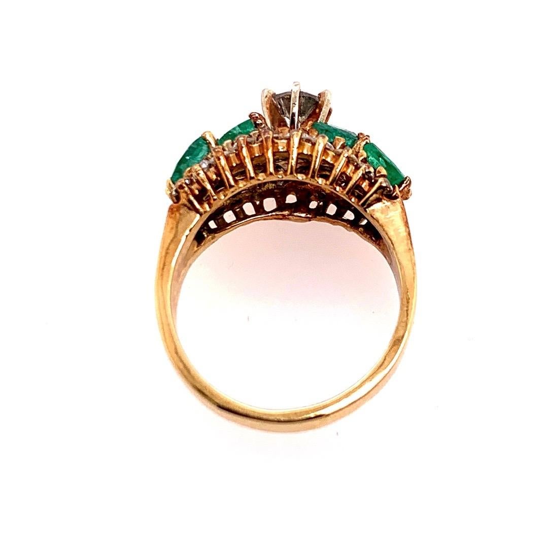 Round Cut Retro Gold Cocktail Ring Natural 1.8 Carat Marquise Emerald & Diamond circa 1960 For Sale