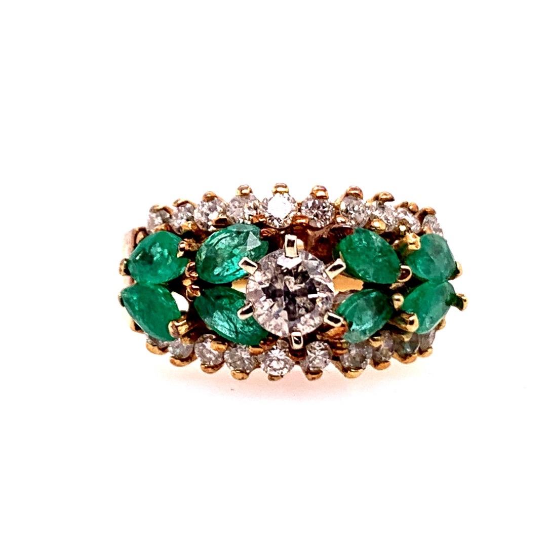 Retro Gold Cocktail Ring Natural 1.8 Carat Marquise Emerald & Diamond circa 1960 In Good Condition For Sale In Los Angeles, CA
