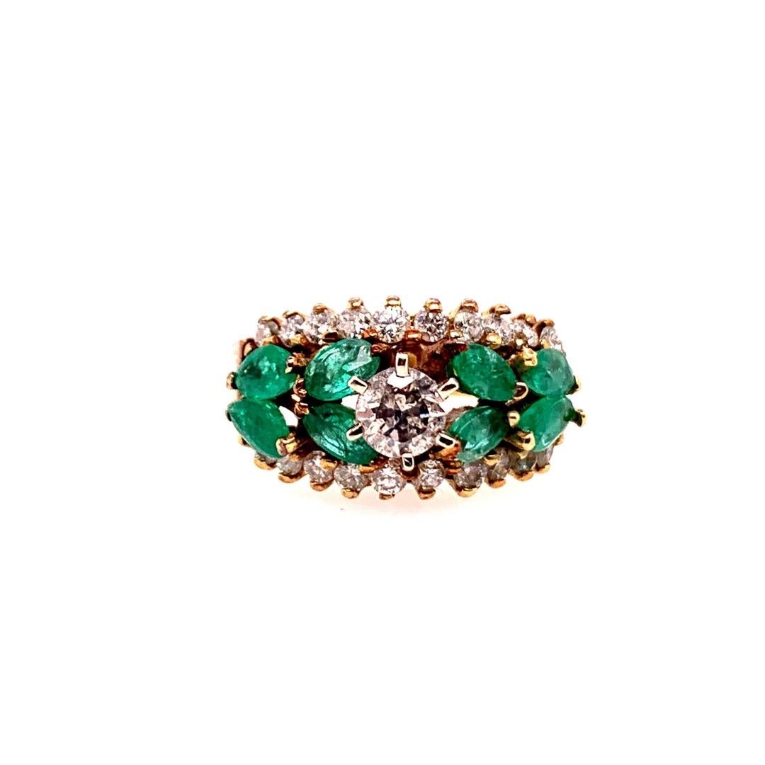 Retro Gold Cocktail Ring Natural 1.8 Carat Marquise Emerald & Diamond circa 1960 For Sale 1