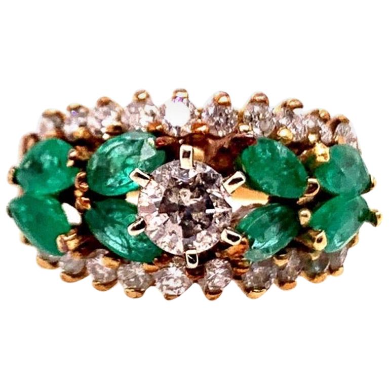 Retro Gold Cocktail Ring Natural 1.8 Carat Marquise Emerald & Diamond circa 1960